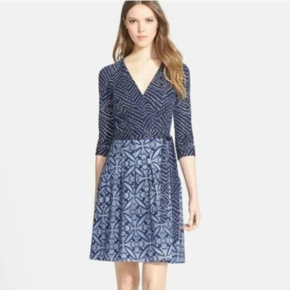 Diane Von Furstenberg Dress Jewel Print Navy Blue Wrap Mini Floral Dot DVF Sz 6